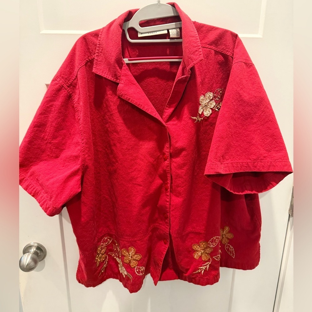 Jane Ashley Woman Red Embroidered Floral Linen Jacket Size 3X